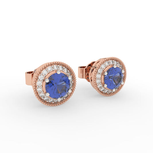 14K Gold Made Blue Diamond Stud Miligrain Halo Earrings (36 Pcs, DEF, VVS, 0.18CTW)