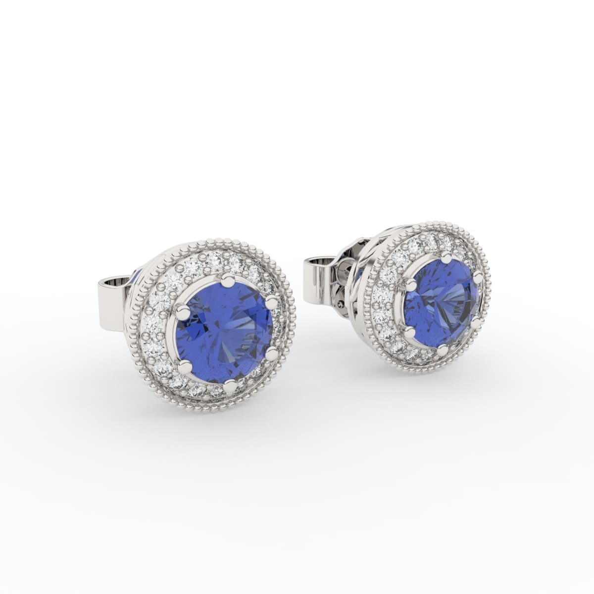 14K Gold Made Blue Diamond Stud Miligrain Halo Earrings (36 Pcs, DEF, VVS, 0.18CTW)