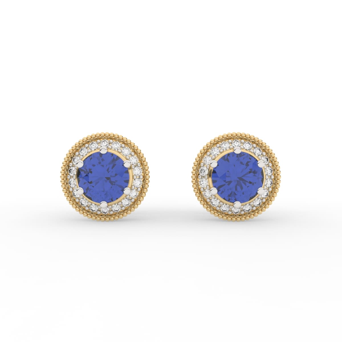 14K Gold Made Blue Diamond Stud Miligrain Halo Earrings (36 Pcs, DEF, VVS, 0.18CTW)