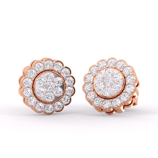 14K Gold Made Round Diamond Flower Style Wedding Earrings